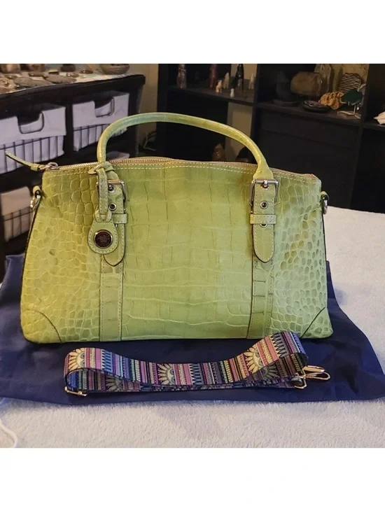 Vintage Dooney and Bourke, Lime Green Croc-Embossed Satchel Bag EUC - Picture 1 of 9